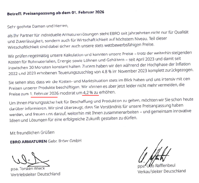 EBRO ARMATUREN 2026年價格上調(diào)通知